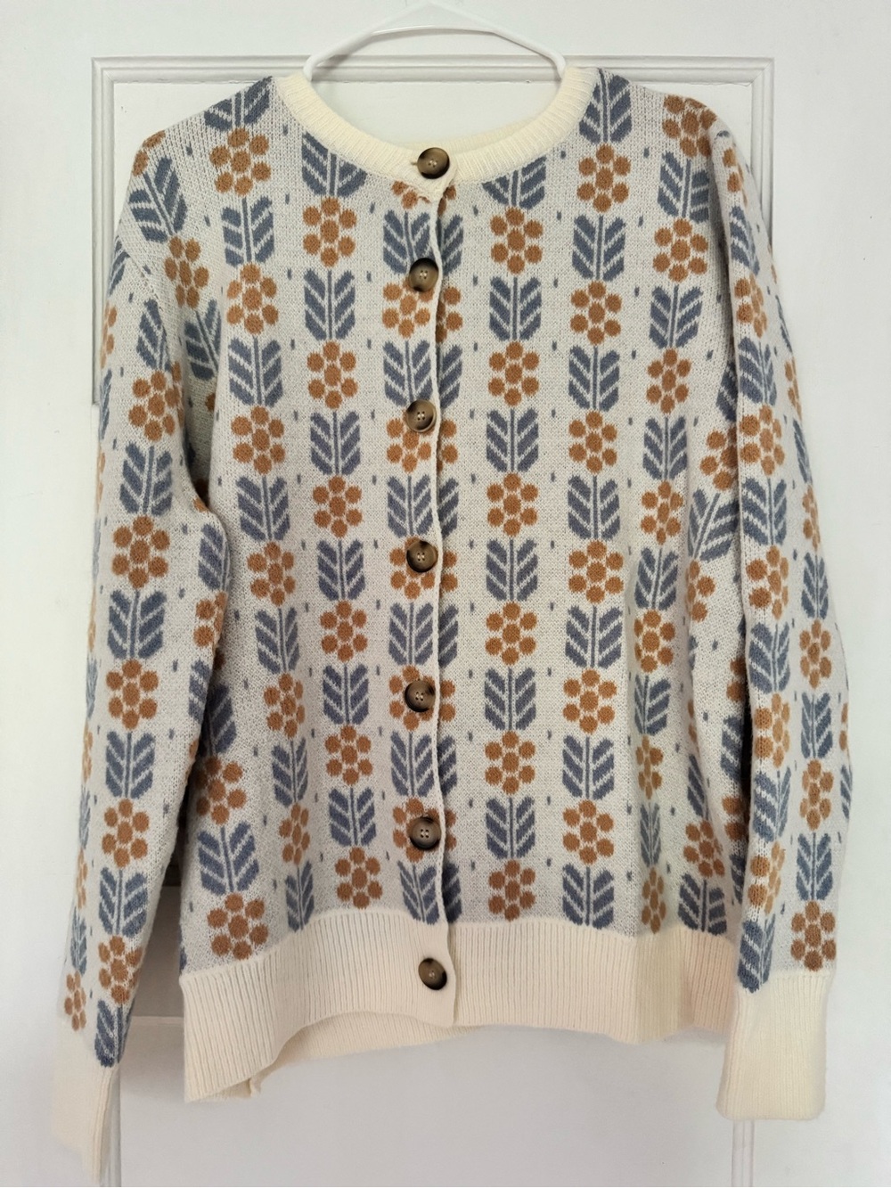 SHEIN Cream Cardigan with Blue and Camel Floral Motif